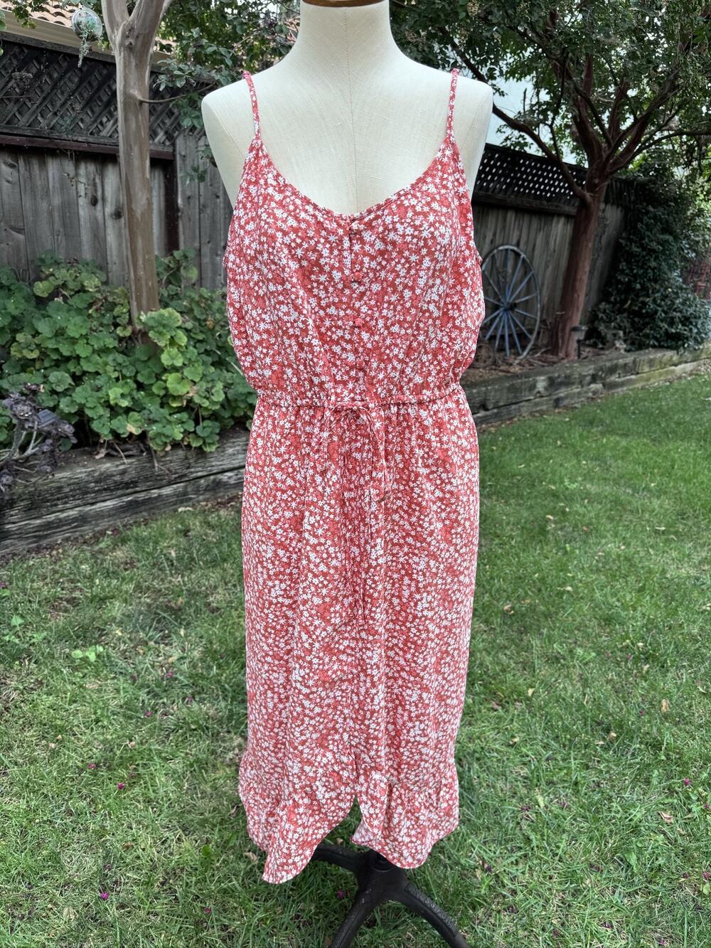 LOFT Womens 14P Dress Red Floral Sleeveless V-Neck Button Casual Party New